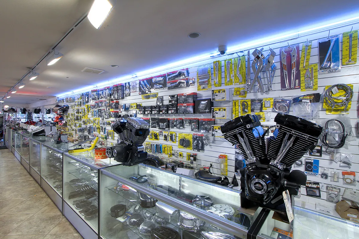 Inside store of Cyclevisions aftermarket Harley Davidson and v-twin motorcycle parts in San Diego