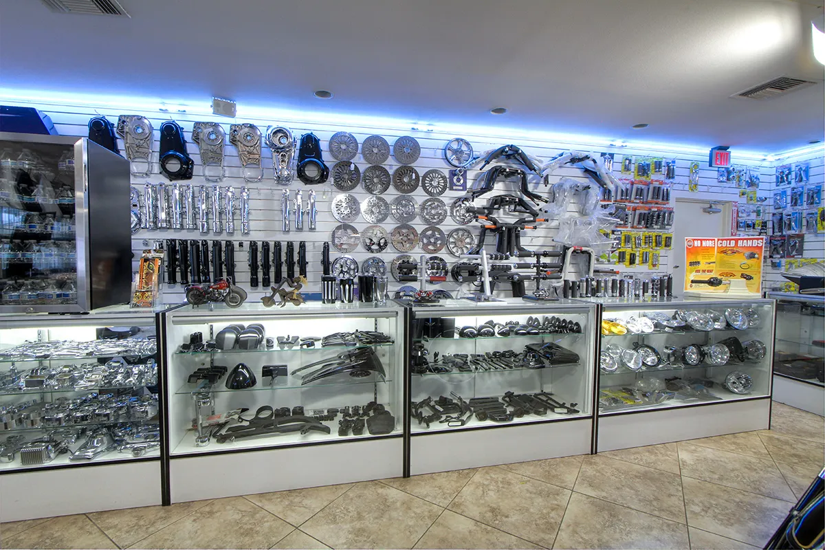 Inside store of Cyclevisions aftermarket harley davidson and v-twin motorcycle parts in san diego