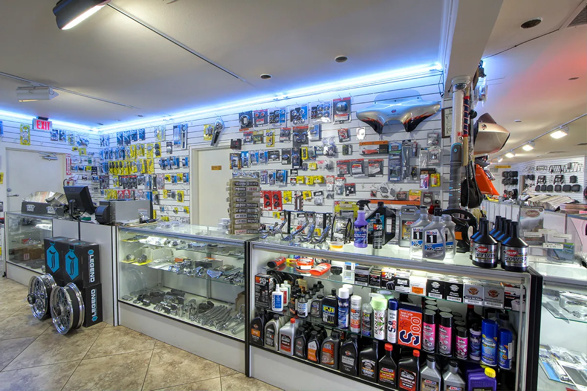 Inside store of Cyclevisions aftermarket Harley Davidson and v-twin motorcycle parts in San Diego